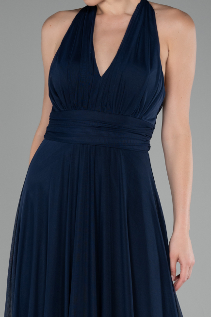 Navy Blue Halter Neck Long Chiffon Evening Dress ABU4188