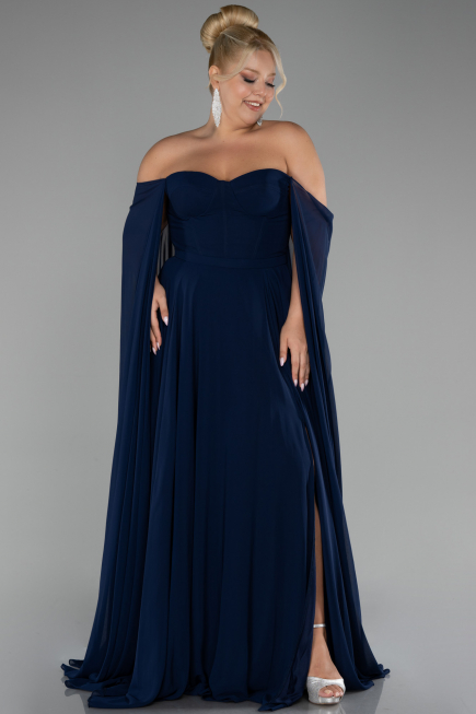 Long Navy Blue Chiffon Formal Plus Size Dress ABU4161