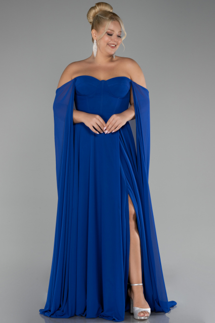 Long Sax Blue Chiffon Formal Plus Size Dress ABU4161