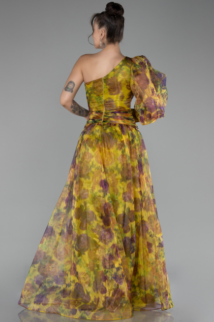 Pistachio Green One Sleeve Slit Long Patterned Prom Gown ABU4206