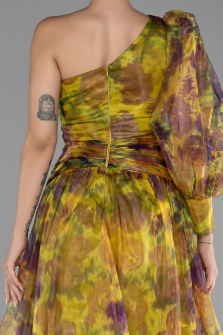 Pistachio Green One Sleeve Slit Long Patterned Prom Gown ABU4206