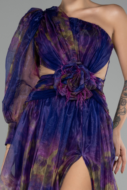 Purple One Sleeve Slit Long Patterned Prom Gown ABU4206