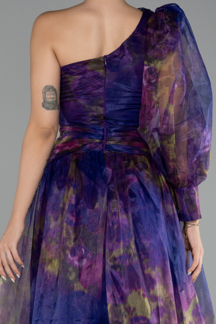 Purple One Sleeve Slit Long Patterned Prom Gown ABU4206