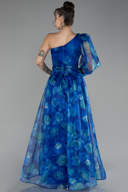 Sax Blue One Sleeve Slit Long Patterned Prom Gown ABU4206