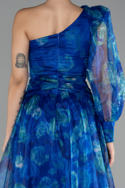 Sax Blue One Sleeve Slit Long Patterned Prom Gown ABU4206