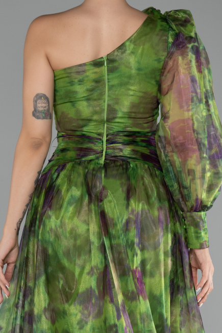 Green One Sleeve Slit Long Patterned Prom Gown ABU4206
