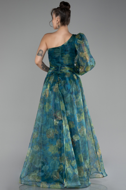 Emerald Green One Sleeve Slit Long Patterned Prom Gown ABU4206