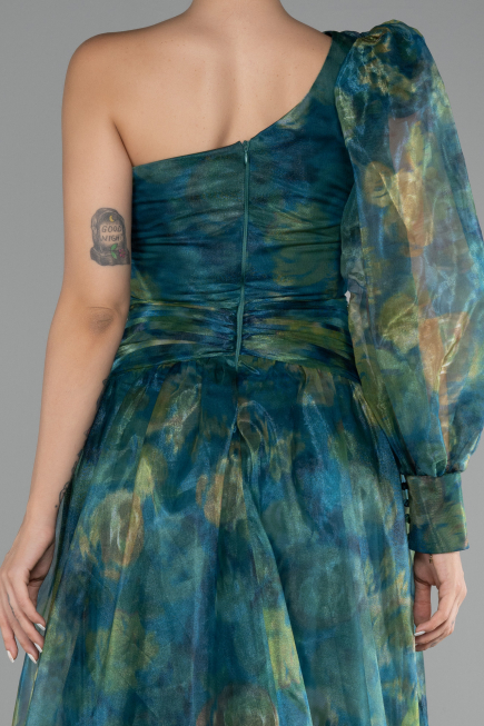 Emerald Green One Sleeve Slit Long Patterned Prom Gown ABU4206
