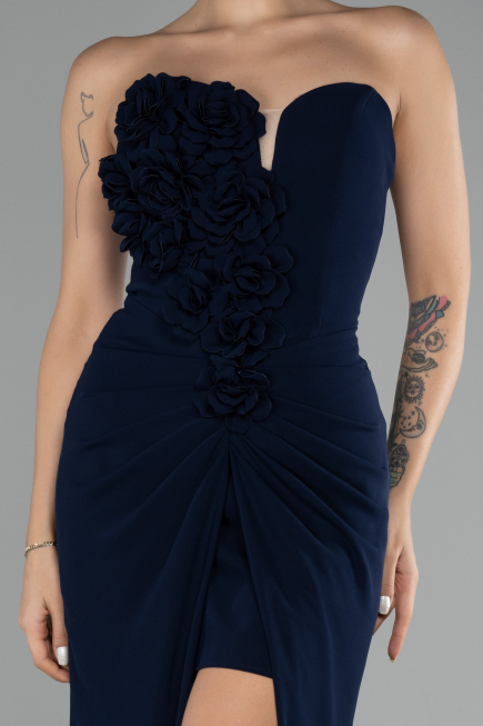 Navy Blue Strapless Slit Long Prom Gown ABU4213