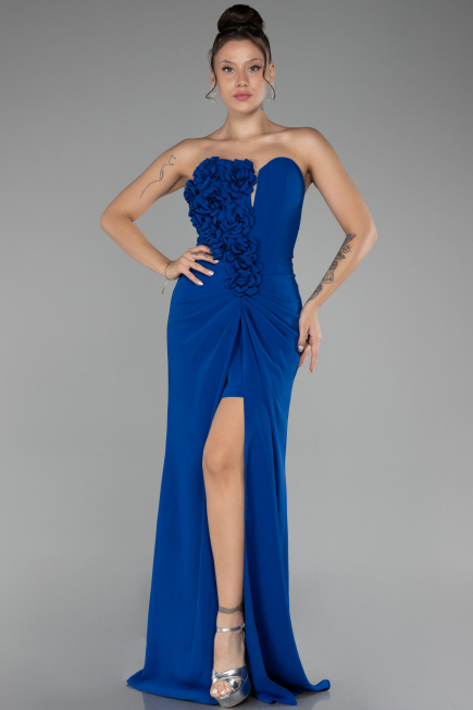 Sax Blue Strapless Slit Long Prom Gown ABU4213