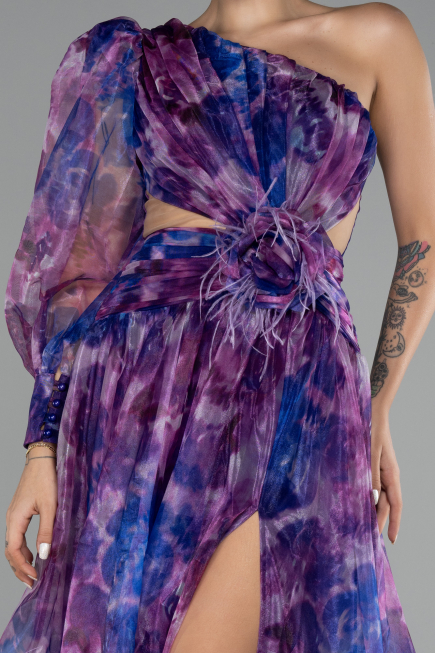 Violet One Sleeve Slit Long Patterned Prom Gown ABU4206