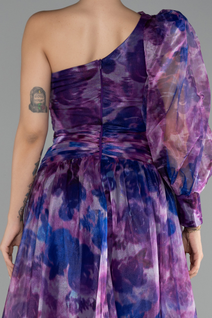Violet One Sleeve Slit Long Patterned Prom Gown ABU4206