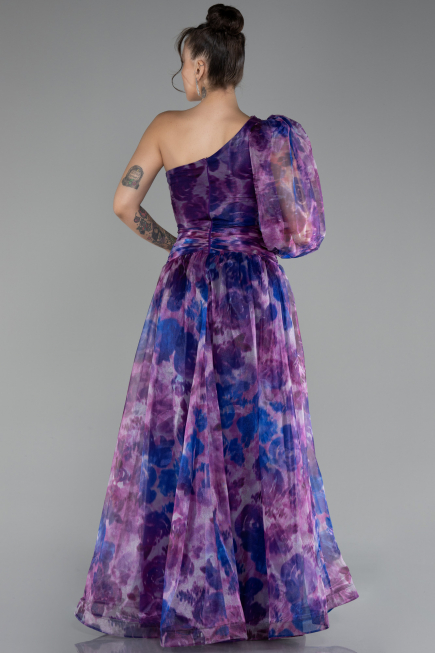 Violet One Sleeve Slit Long Patterned Prom Gown ABU4206