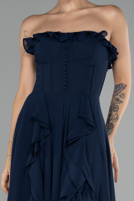 Navy Blue Strapless Slit Long Chiffon Prom Dress ABU4214