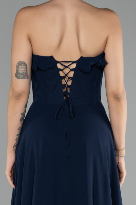 Navy Blue Strapless Slit Long Chiffon Prom Dress ABU4214