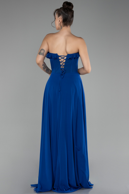 Sax Blue Strapless Slit Long Chiffon Prom Dress ABU4214