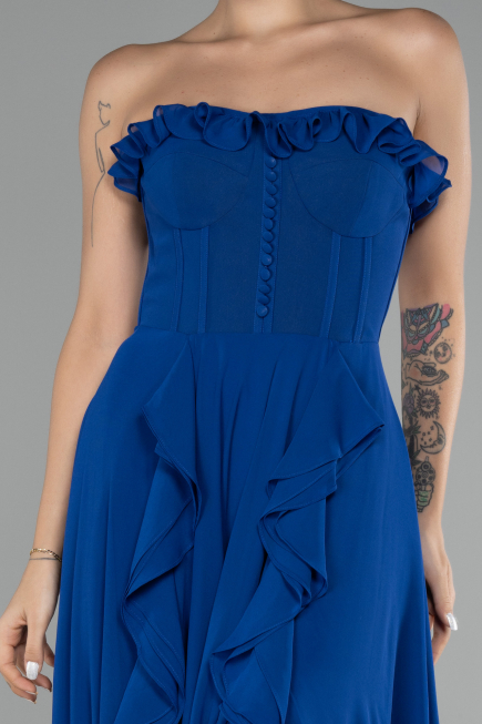 Sax Blue Strapless Slit Long Chiffon Prom Dress ABU4214
