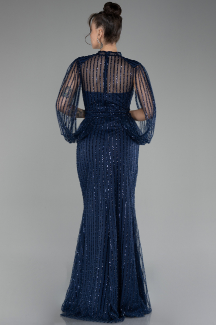 Navy Blue Stoned Long Evening Gown ABU3981