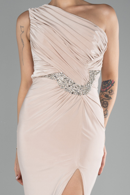Beige One Shoulder Slit Long Evening Dress ABU4116