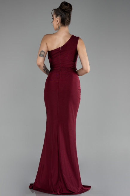Burgundy One Shoulder Slit Long Evening Dress ABU4116