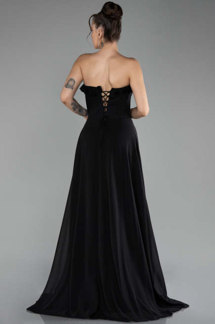 Black Strapless Slit Long Chiffon Prom Dress ABU4214