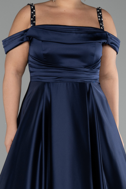 Navy Blue Strappy Long Satin Plus Size Engagement Dress ABU4207
