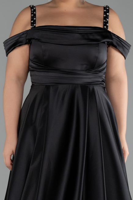 Black Strappy Long Satin Plus Size Engagement Dress ABU4207