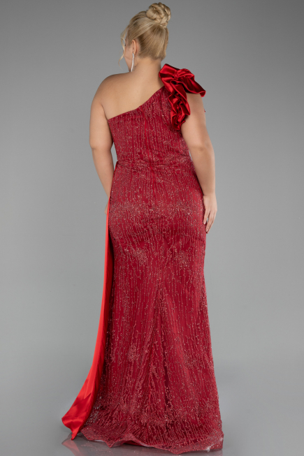 Red One Shoulder Glitter Long Plus Size Evening Gown ABU4060