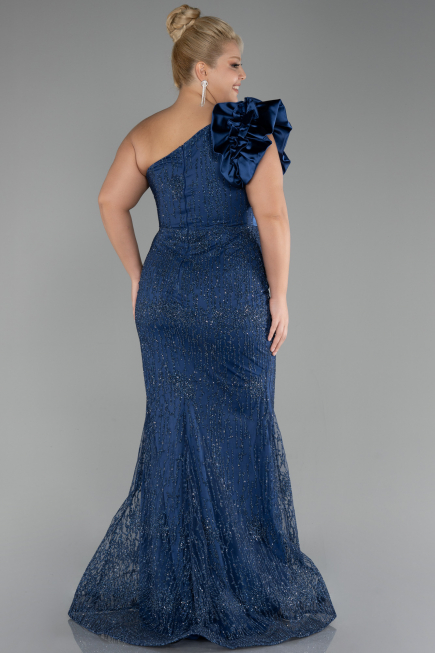 Navy Blue One Shoulder Glitter Long Plus Size Evening Gown ABU4060