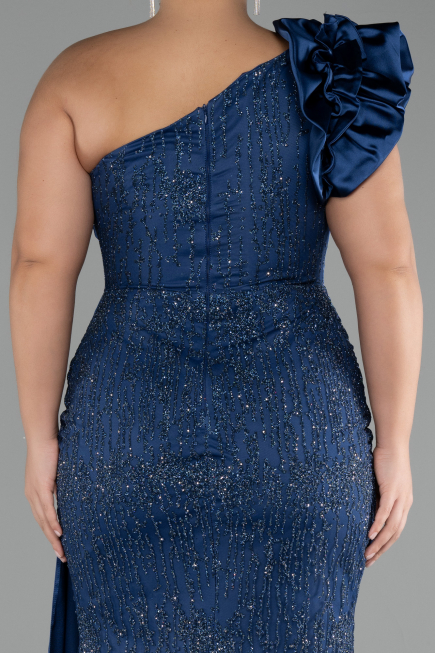 Navy Blue One Shoulder Glitter Long Plus Size Evening Gown ABU4060