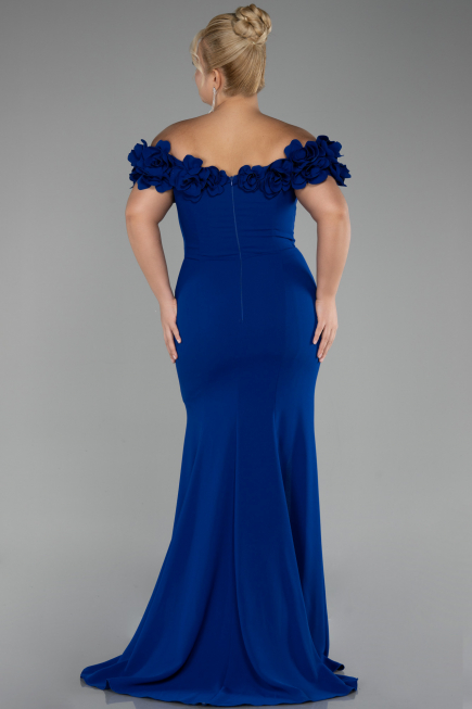 Sax Blue Boat Neck Slit Long Plus Size Evening Dress ABU4081