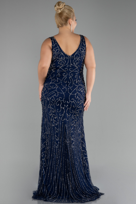 Navy Blue Sleeveless Stoned Long Plus Size Prom Gown ABU4008