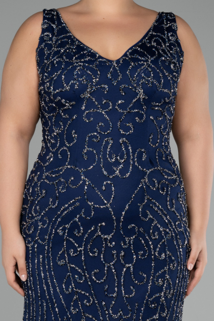 Navy Blue Sleeveless Stoned Long Plus Size Prom Gown ABU4008