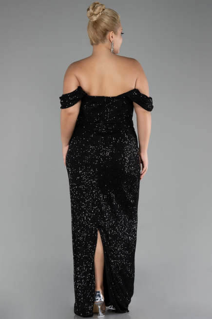 Black Shoulder Low Cut Long Sequin Plus Size Evening Dress ABU3919