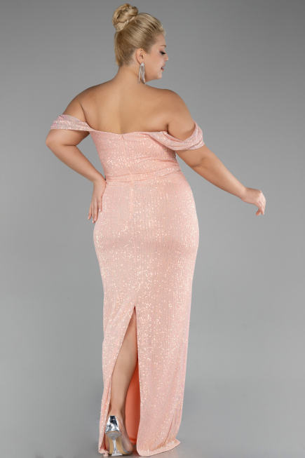 Salmon Shoulder Low Cut Long Sequin Plus Size Evening Dress ABU3919