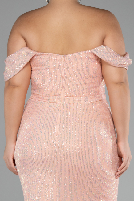 Salmon Shoulder Low Cut Long Sequin Plus Size Evening Dress ABU3919