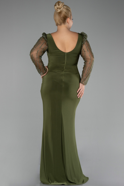 Olive Drab Stoned Long Sleeve Slit Plus Size Evening Gown ABU4119
