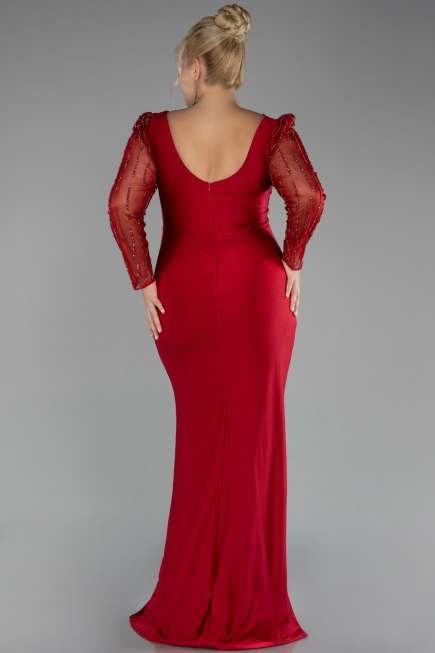 Red Stoned Long Sleeve Slit Plus Size Evening Gown ABU4119