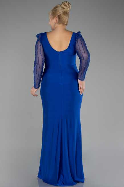 Sax Blue Stoned Long Sleeve Slit Plus Size Evening Gown ABU4119