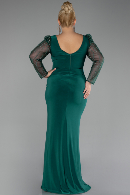 Emerald Green Stoned Long Sleeve Slit Plus Size Evening Gown ABU4119