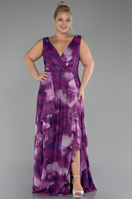 Plum Sleevess Printed Chiffon Plus Size Prom Dress ABU4050