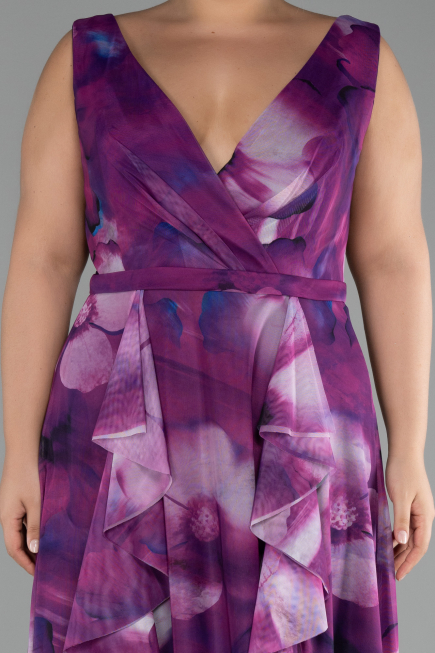 Plum Sleevess Printed Chiffon Plus Size Prom Dress ABU4050
