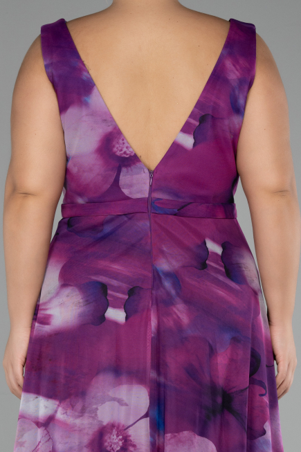 Plum Sleevess Printed Chiffon Plus Size Prom Dress ABU4050