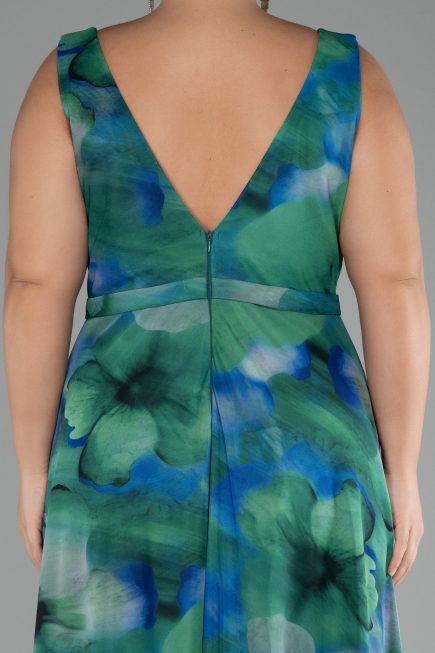 Green Sleevess Printed Chiffon Plus Size Prom Dress ABU4050