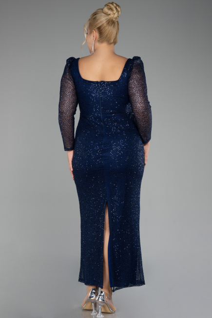 Navy Blue Long Sleeve Sequin Midi Plus Size Evening Dress ABK2138