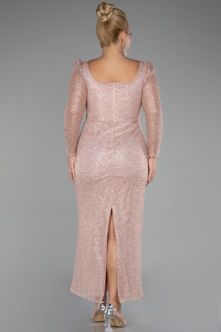 Powder Color Long Sleeve Sequin Midi Plus Size Evening Dress ABK2138
