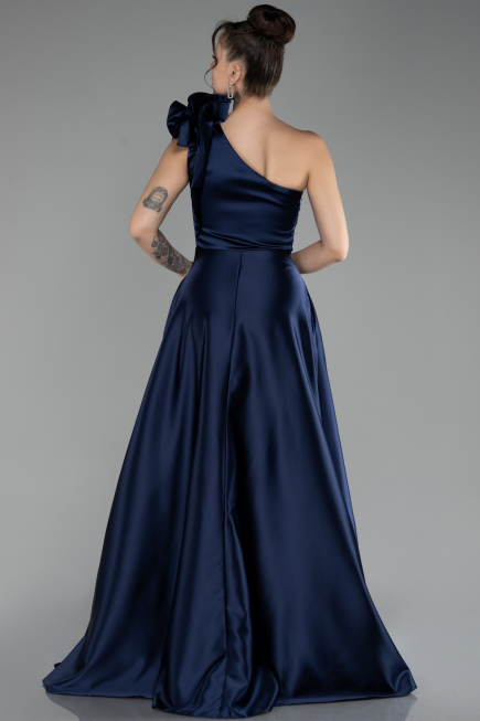 Navy Blue Long Satin Evening Dress ABU4189