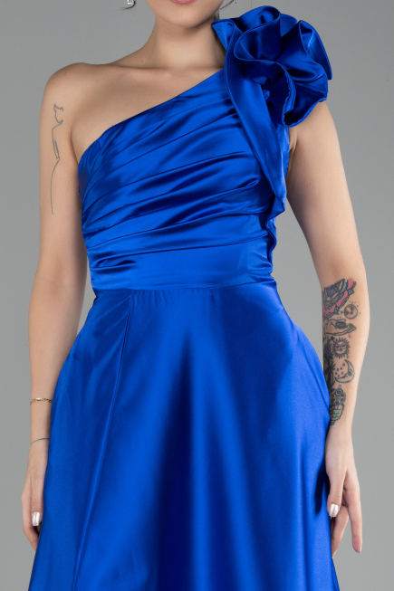 Sax Blue Long Satin Evening Dress ABU4189