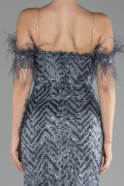 Anthracite Strapless Slit Long Sequined Evening Gown ABU3953