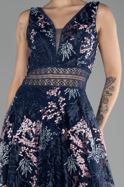 Navy Blue Sleeveless Long Embroidered Evening Dress ABU4244